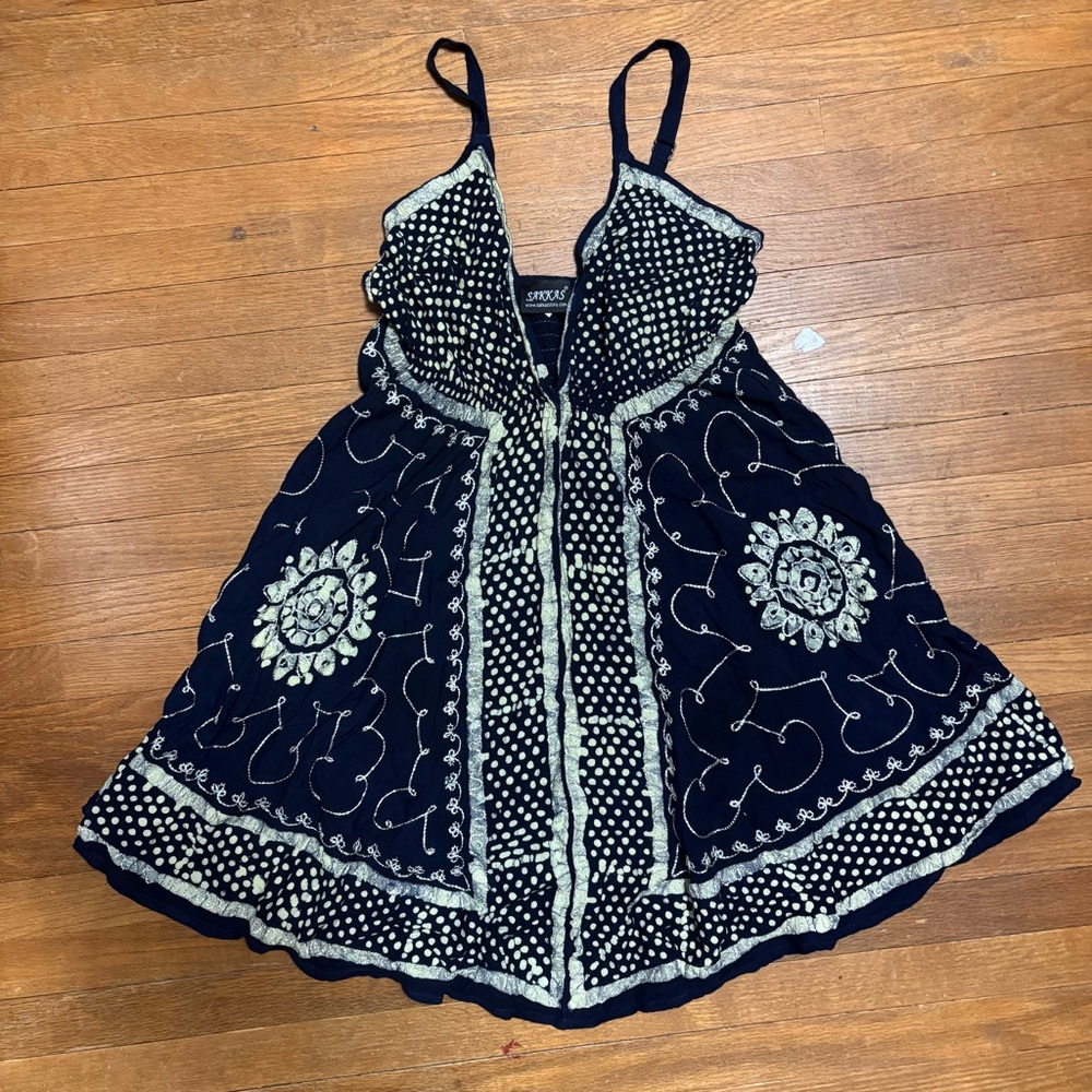 Sakkas Navy & Cream Embroidered Spaghetti Strap Mini Dress